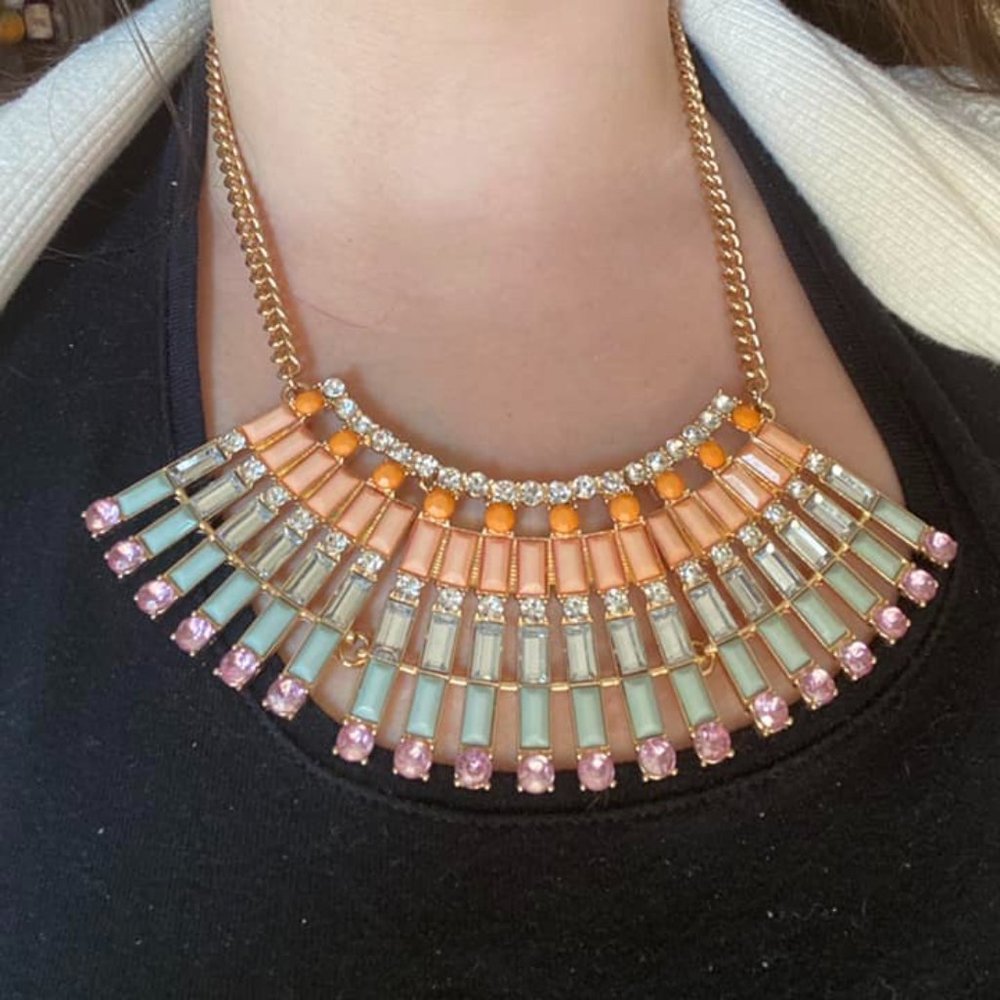 Multicolor gold tone and rhinestone statement necklace